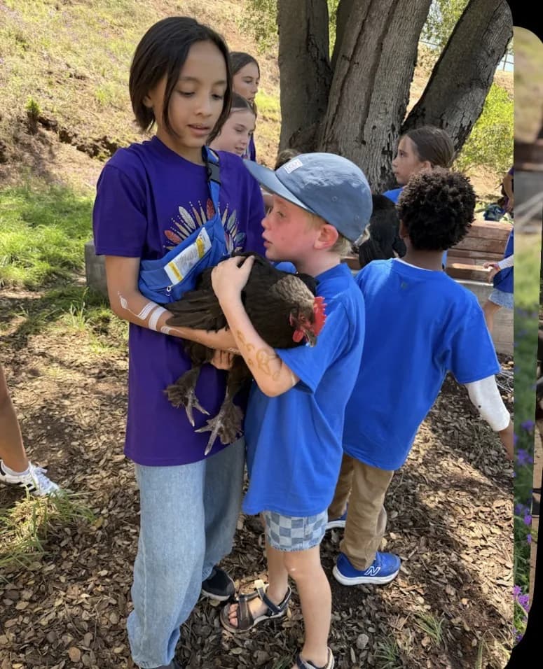 Children learning gentle animal care while holding a chicken together