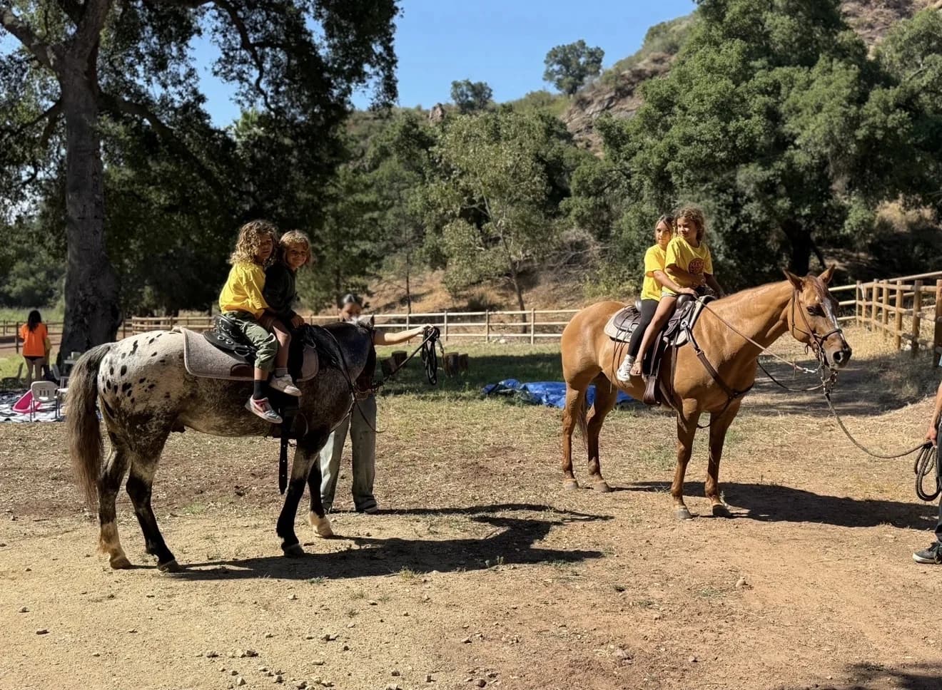 Children riding horses with guides on a ranch day